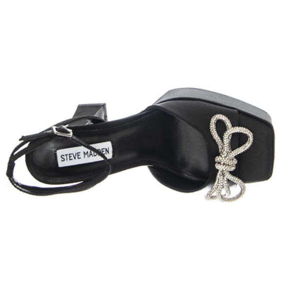 Steve Madden Black Satin Platform Heels with Silver Bow Accents “Darla” - Picture 3 of 8